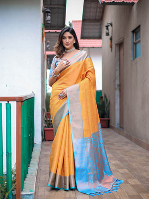 Yellow Silk Blend Woven Saree With Unstitched Blouse