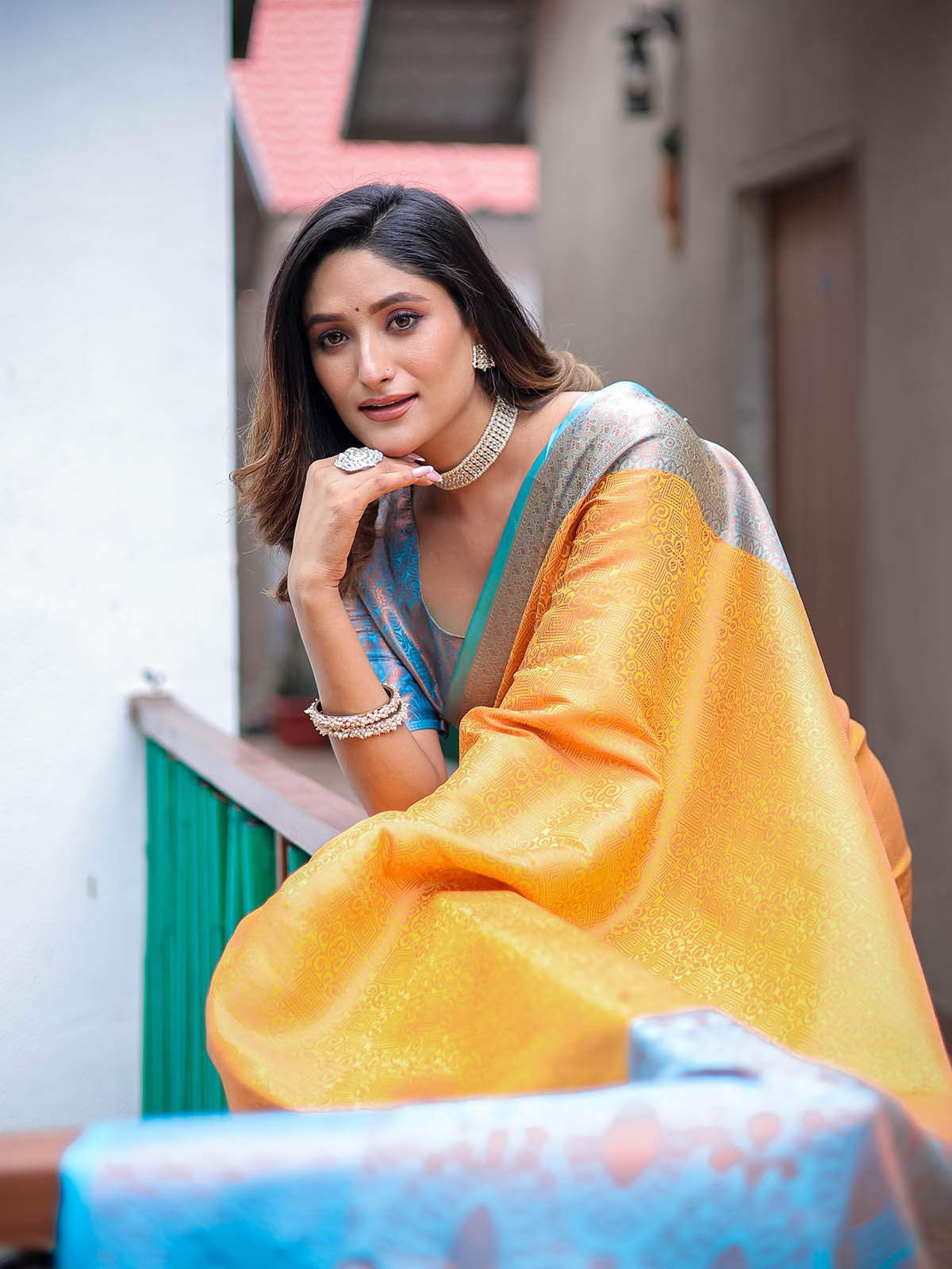 Yellow Silk Blend Woven Saree With Unstitched Blouse