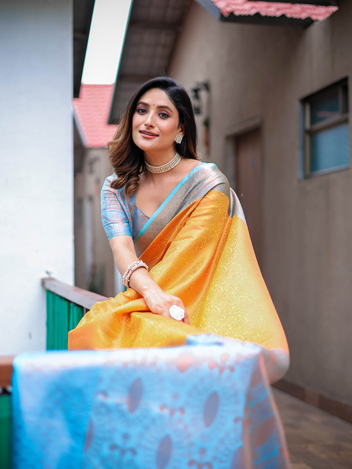 Yellow Silk Blend Woven Saree With Unstitched Blouse