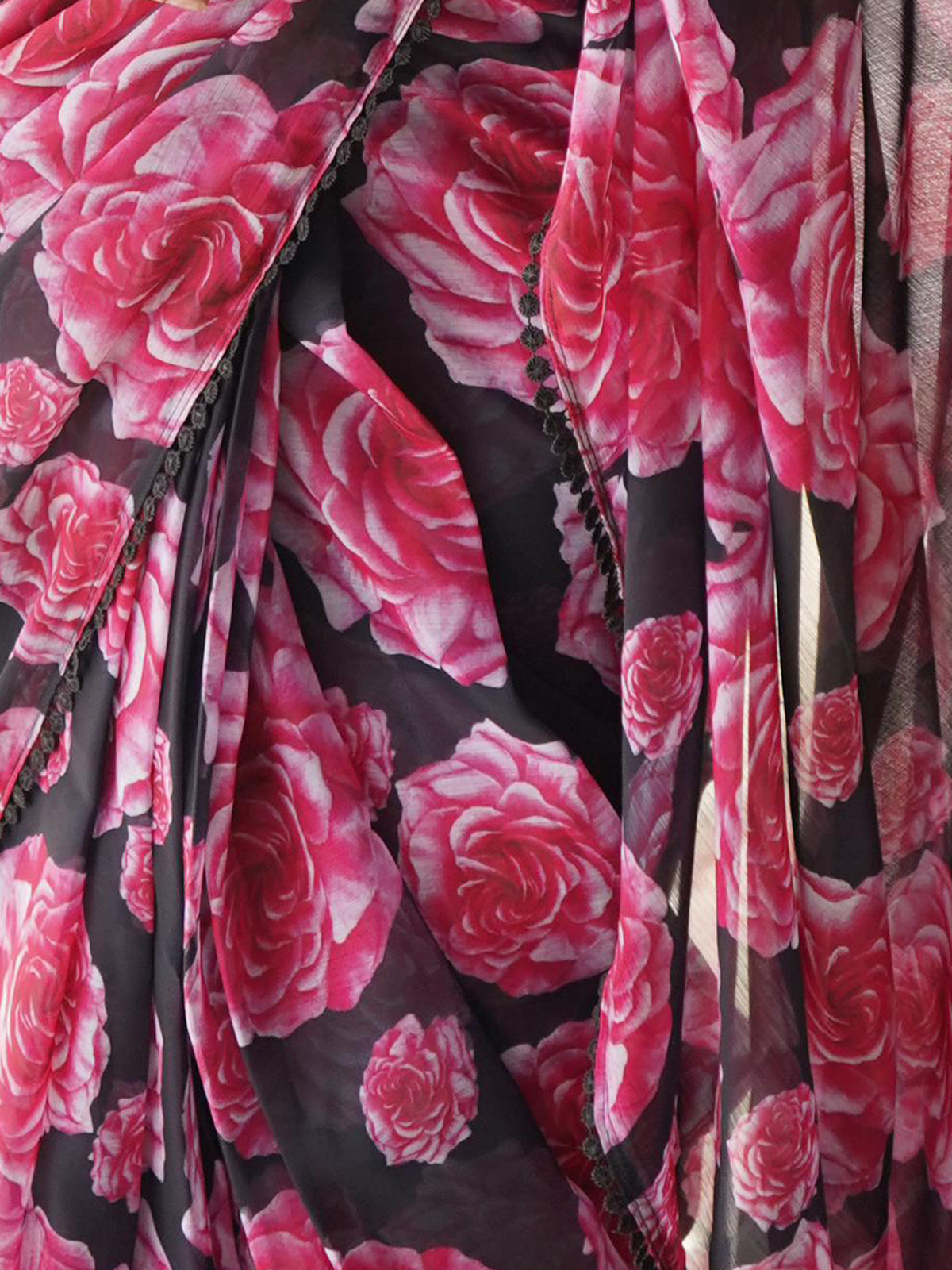 Black chiffon  floral Saree with stitched Blouse