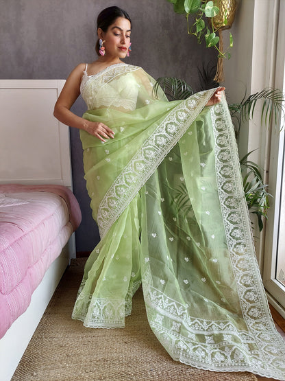 Rajwada Green Organza  Saree with unstitched Blouse For Women