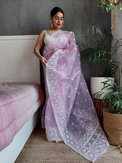 Rajwada Pink Organza  Saree with unstitched Blouse For Women