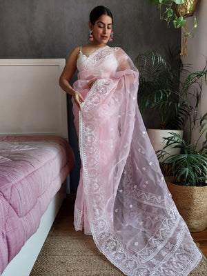 Rajwada Pink Organza  Saree with unstitched Blouse For Women