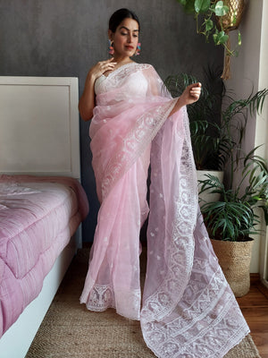 Rajwada Pink Organza  Saree with unstitched Blouse For Women