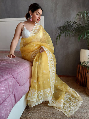 Rajwada Yellow Organza  Saree with unstitched Blouse For Women