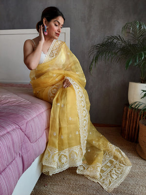 Rajwada Yellow Organza  Saree with unstitched Blouse For Women