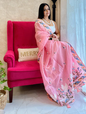 Rajwada Women's Pink Organza  Saree with unstitched Blouse