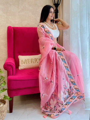 Rajwada Women's Pink Organza  Saree with unstitched Blouse