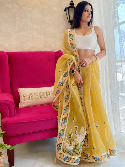Rajwada Yellow Organza  Saree with unstitched Blouse For Women