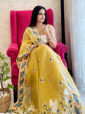 Rajwada Yellow Organza  Saree with unstitched Blouse For Women