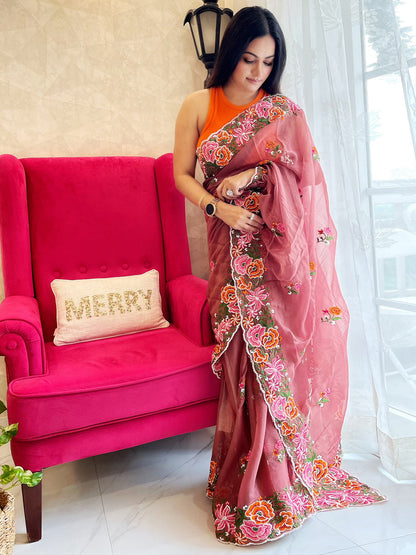 Rajwada Peach Organza Saree with unstitched Blouse For Women