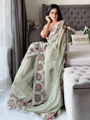 Rajwada Women's Green Organza  Saree with unstitched Blouse