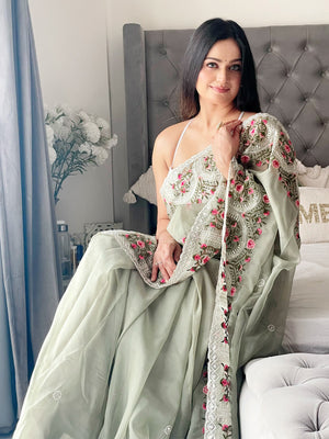 Rajwada Women's Green Organza  Saree with unstitched Blouse