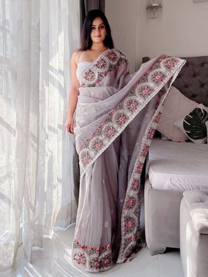Rajwada Women's Light Purple Organza  Saree with unstitched Blouse