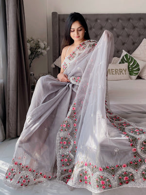 Rajwada Women's Light Purple Organza  Saree with unstitched Blouse