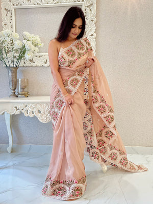 Rajwada Women's Peach Organza  Saree with unstitched Blouse