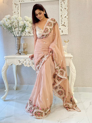Rajwada Women's Peach Organza  Saree with unstitched Blouse