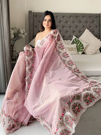 Rajwada Women's Pink Organza  Saree with unstitched Blouse