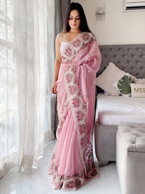 Rajwada Women's Pink Organza  Saree with unstitched Blouse