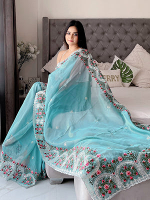 Rajwada Women's Blue Organza  Saree with unstitched Blouse