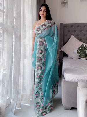 Rajwada Women's Blue Organza  Saree with unstitched Blouse