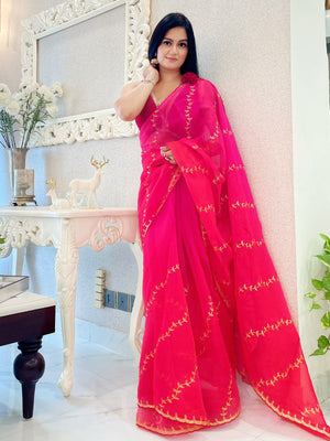 Rajwada Red and Pink Organza  Saree with unstitched Blouse For Women