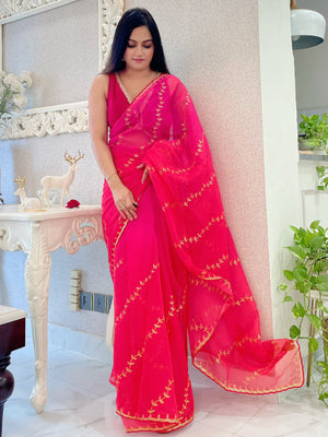 Rajwada Red and Pink Organza  Saree with unstitched Blouse For Women