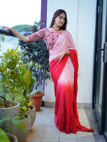 Rajwada Women's Pink Chinon  Saree with stitched Blouse