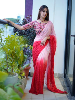 Rajwada Women's Pink Chinon  Saree with stitched Blouse