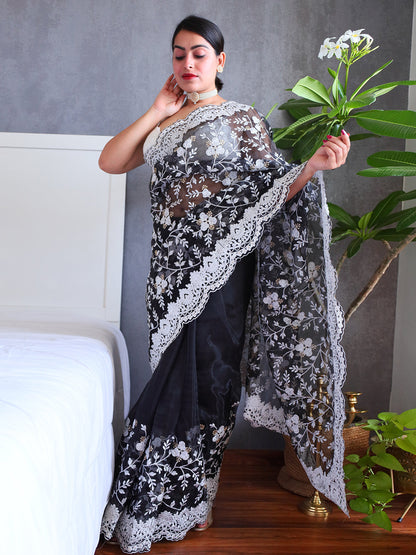 Rajwada Black Organza  Saree with unstitched Blouse For Women