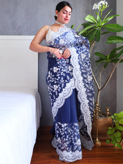 Rajwada Blue Organza  Saree with unstitched Blouse For Women