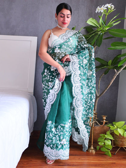 Rajwada Green Organza  Saree with unstitched Blouse For Women