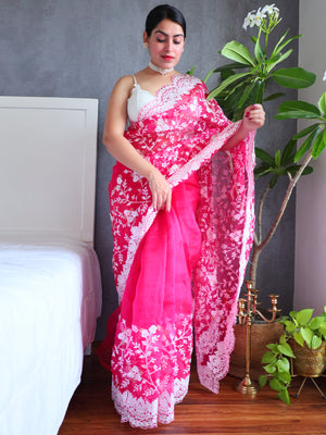 Rajwada Pink Organza  Saree with unstitched Blouse For Women