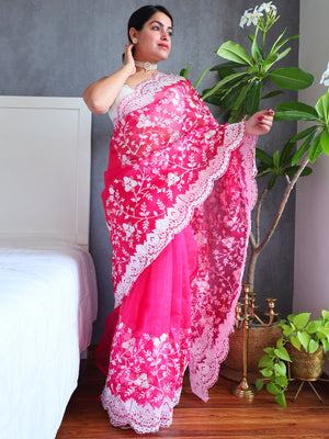 Rajwada Pink Organza  Saree with unstitched Blouse For Women