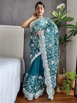 Rajwada Teal Organza  Saree with unstitched Blouse For Women