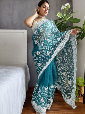 Rajwada Teal Organza  Saree with unstitched Blouse For Women