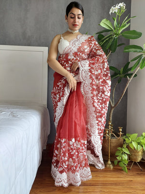 Rajwada Red Organza  Saree with unstitched Blouse For Women