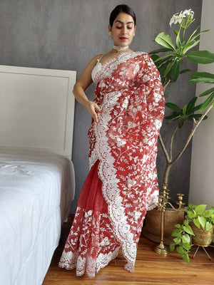 Rajwada Red Organza  Saree with unstitched Blouse For Women