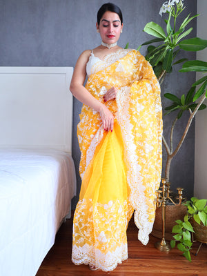 Rajwada Yellow Organza Saree with unstitched Blouse For Women