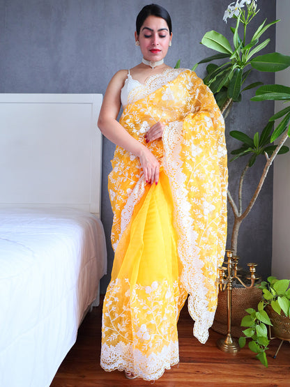 Rajwada Yellow Organza Saree with unstitched Blouse For Women