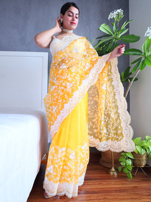 Rajwada Yellow Organza Saree with unstitched Blouse For Women