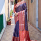 Rajwada Blue Silk  Saree with unstitched Blouse For Women