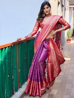 Rajwada Purple Silk Saree with unstitched Blouse For Women