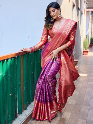 Rajwada Purple Silk Saree with unstitched Blouse For Women