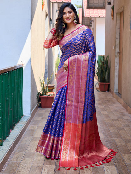 Rajwada Blue Silk Saree with unstitched Blouse For Women