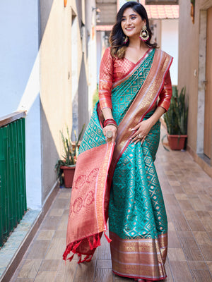 Rajwada Sea Green Silk Saree with unstitched Blouse For Women