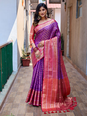 Rajwada Purple Silk Saree with unstitched Blouse For Women