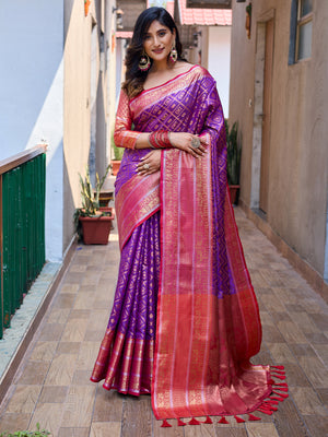 Rajwada Purple Silk Saree with unstitched Blouse For Women