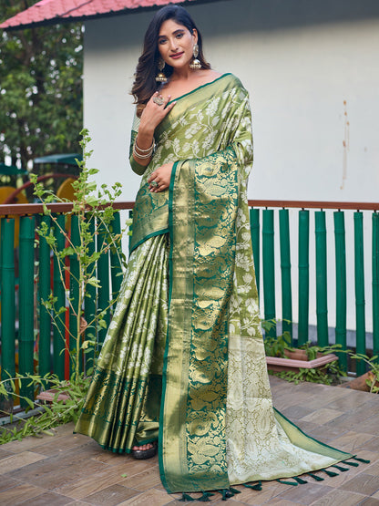 Rajwada Women's Olive Banarasi Silk  Saree with unstitched Blouse