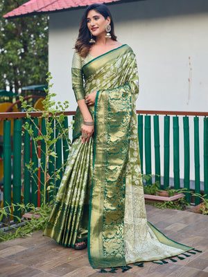 Rajwada Women's Olive Banarasi Silk  Saree with unstitched Blouse